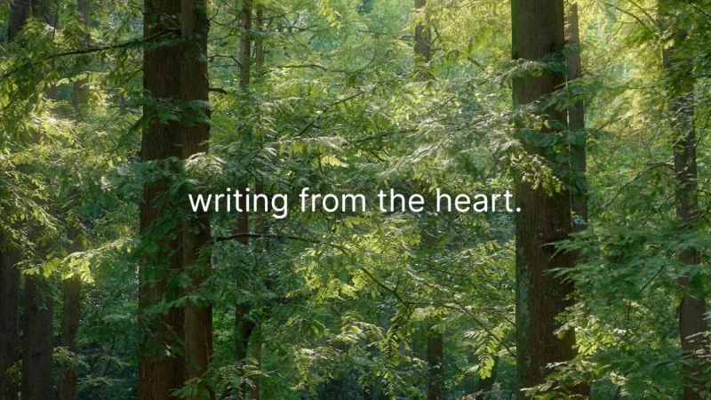 Sunlight filtering through a dense green forest, with the words “writing from the heart.”